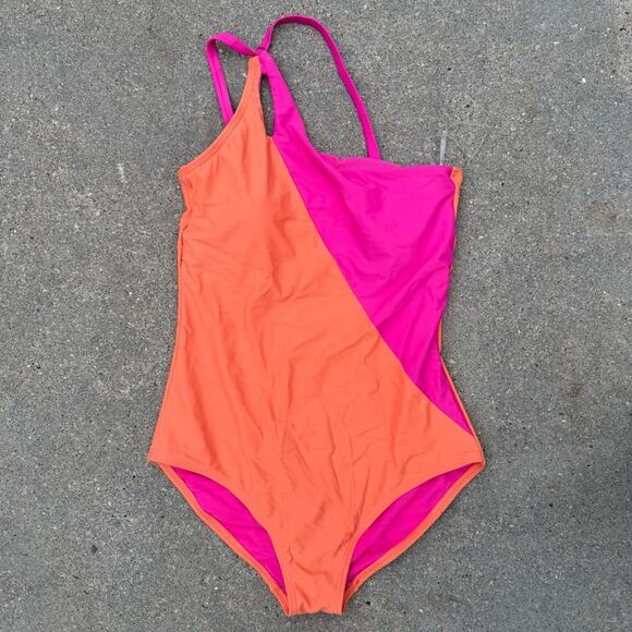 Lands' End Coverage Tummy Control One Shoulder One Piece Swimsuit Pink Orange M - Picture 3 of 9